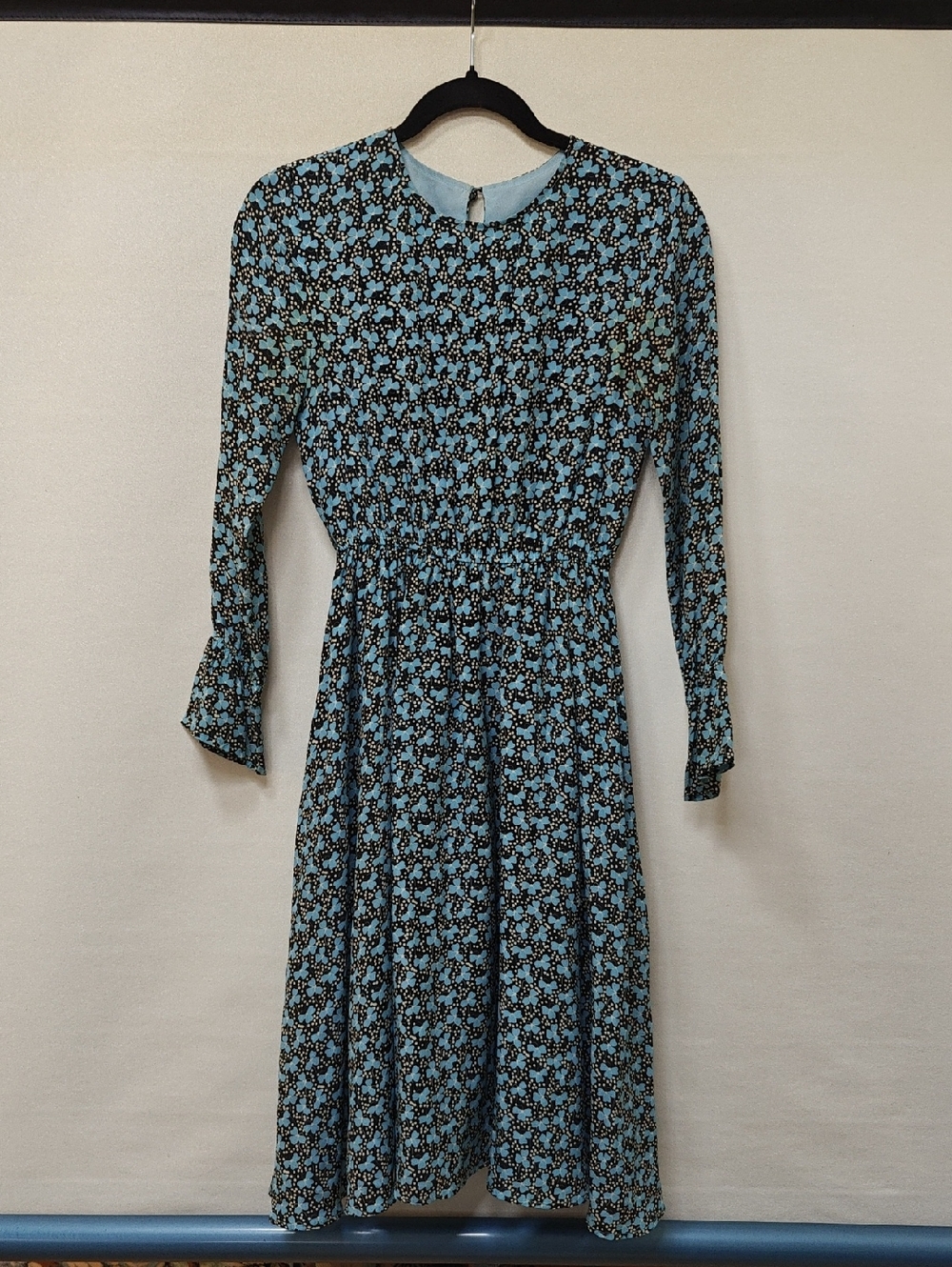 100% Silk Blue Floral Long-Sleeve Dress, Unbranded Italian, Eur Size 36